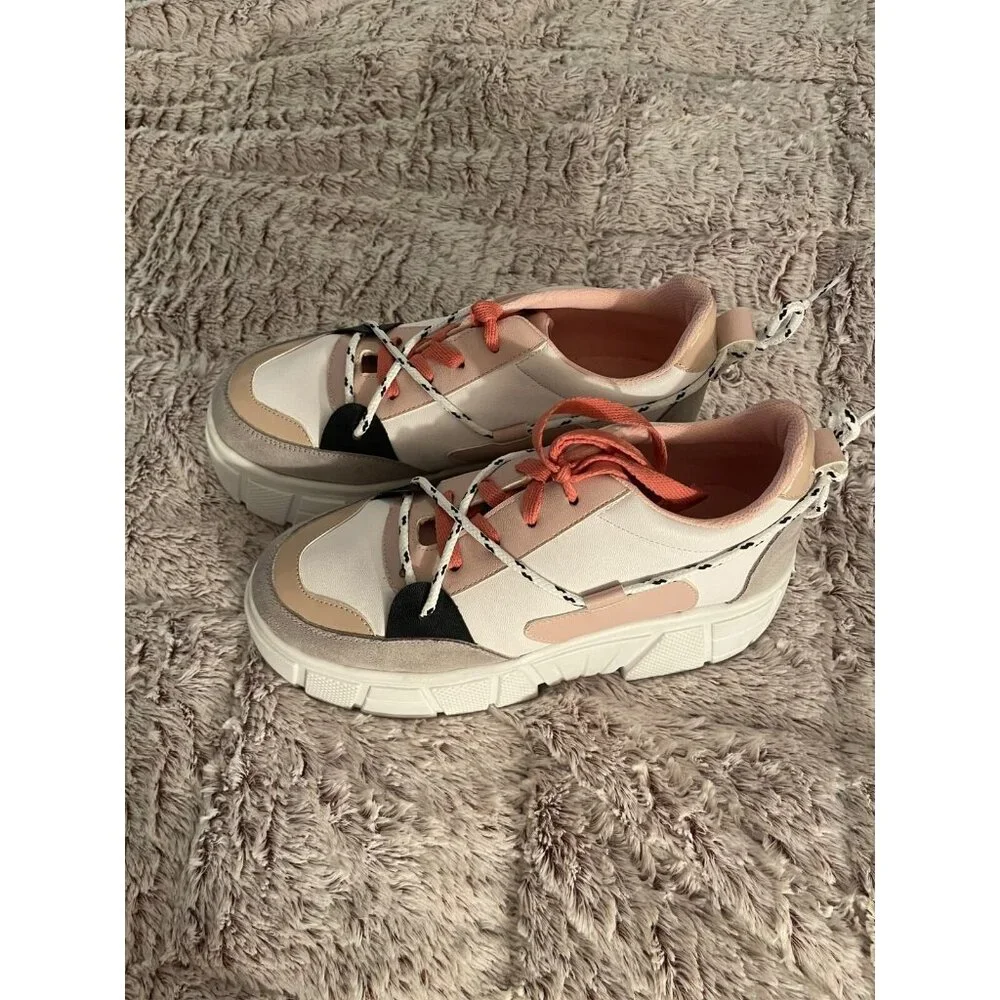Karmen Womens‎ Platform Sneakers Pink & Beige Faux Leather Size 38